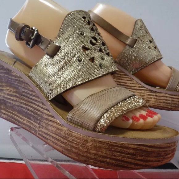 OTBT Shoes - OTBT cut out leather gold wedge sandals size 7.5
